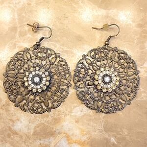 Pair of Rhinestoned 2" Diameter Laser Cut Dangling Pierced Earrings
